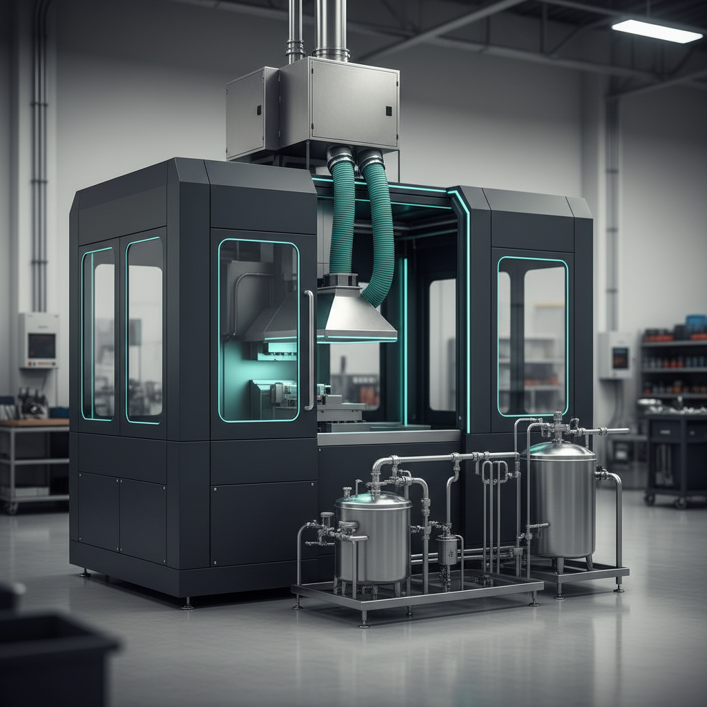 A CNC machining center with a ducted coolant mist collector unit mounted above the enclosure.