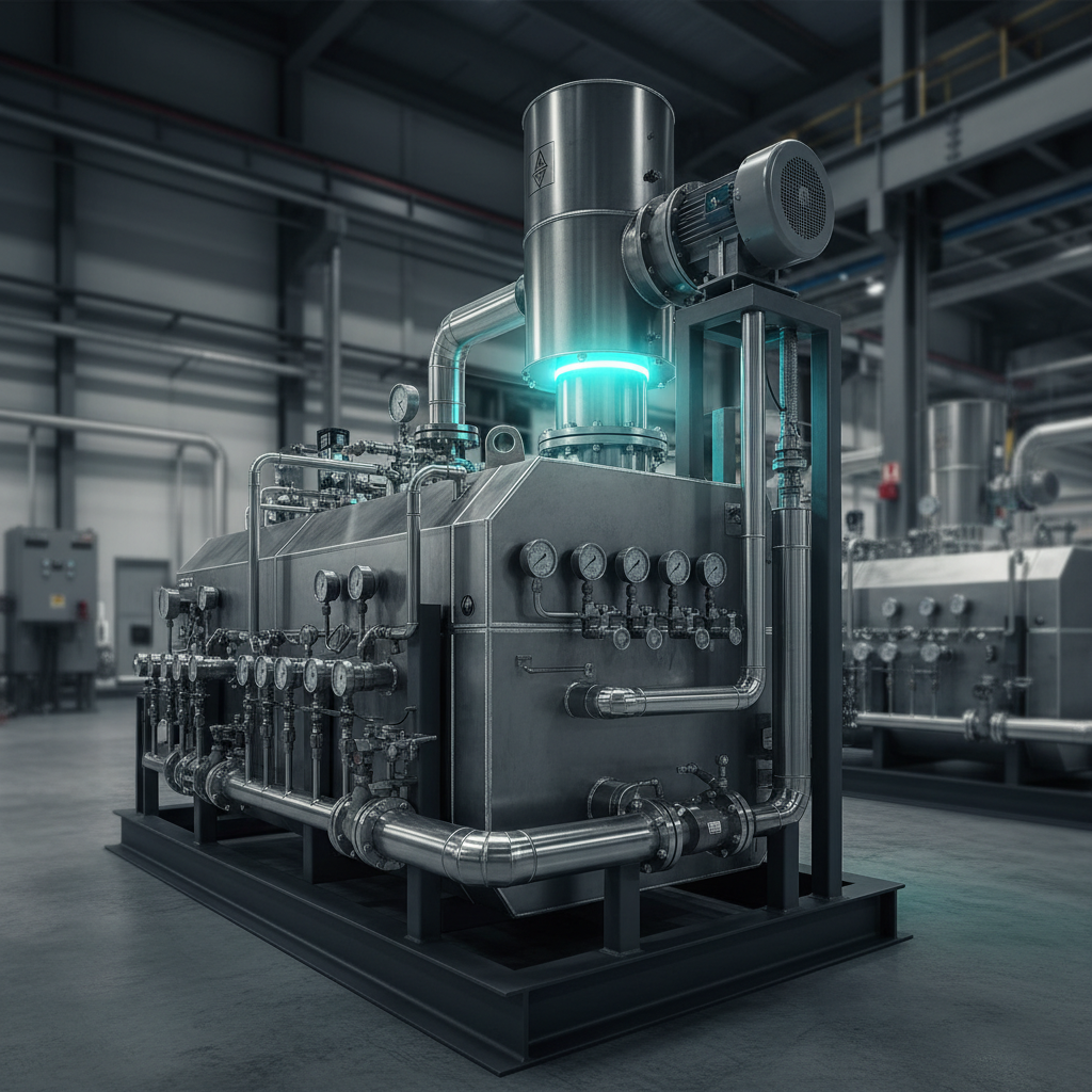 A large steam turbine lube-oil reservoir with a blower-assisted oil mist eliminator mounted on the vent.