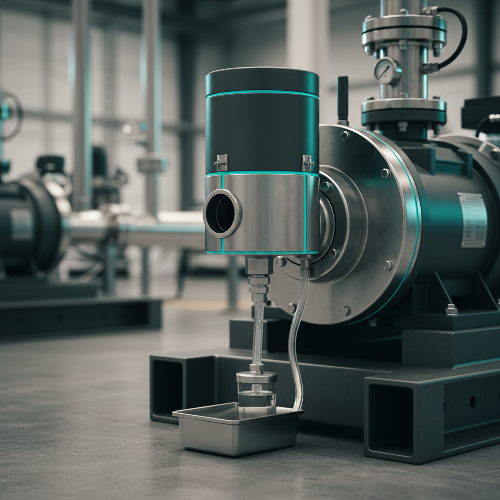Cylindrical oil mist eliminator mounted directly on the exhaust port of an oil-sealed vacuum pump.
